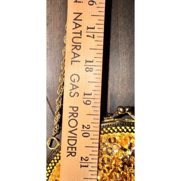 Vintage Gold Sequin Beaded Evening Bag Yellow Satin Kiss Lock Chain Strap Purse - Picture 7 of 7